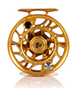 Front view of Hatch Iconic Fly Reel 5 Plus Fool's Gold Limited Edition Mid Arbor