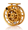Angled view of Hatch Iconic Fly Reel 5 Plus Fool's Gold Limited Edition Mid Arbor