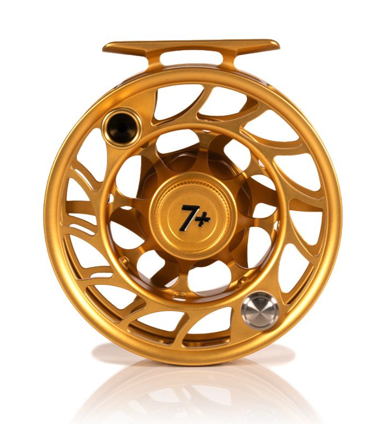 Front view of Hatch Iconic Fly Reel 7 Plus Fool's Gold Limited Edition Large Arbor