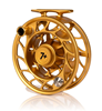Angled view of Hatch Iconic Fly Reel 7 Plus Fool's Gold Limited Edition Large Arbor
