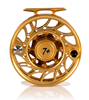 Front view of Hatch Iconic Fly Reel 7 Plus Fool's Gold Limited Edition Mid Arbor