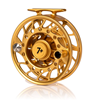 Angled view of Hatch Iconic Fly Reel 7 Plus Fool's Gold Limited Edition Mid Arbor