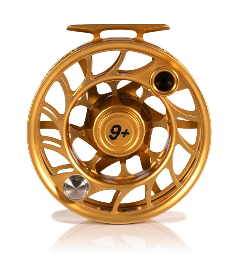 Front view of Hatch Iconic Fly Reel 9 Plus Fool's Gold Limited Edition