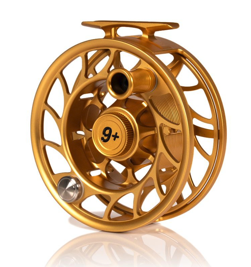 Hatch Iconic Fly Reel 9 Plus Fool's Gold Limited Edition Angle Angled view of Hatch Iconic Fly Reel 9 Plus Fool's Gold Limited Edition