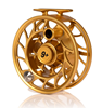 Angled view of Hatch Iconic Fly Reel 9 Plus Fool's Gold Limited Edition