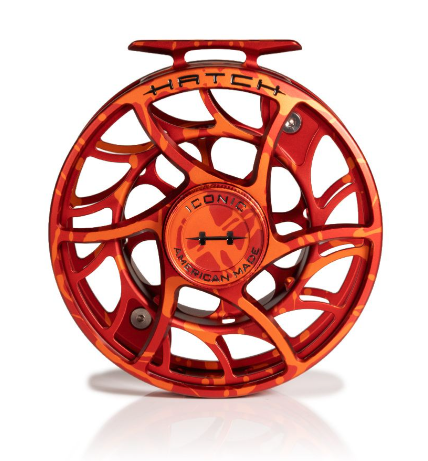 Front view of Hatch Iconic Fly Reel 11 Plus Magma Red Orange Limited Edition Large Arbor
