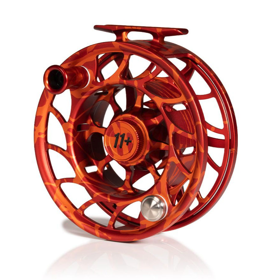Angled view of Hatch Iconic Fly Reel 11 Plus Magma Red Orange Limited Edition Large Arbor
