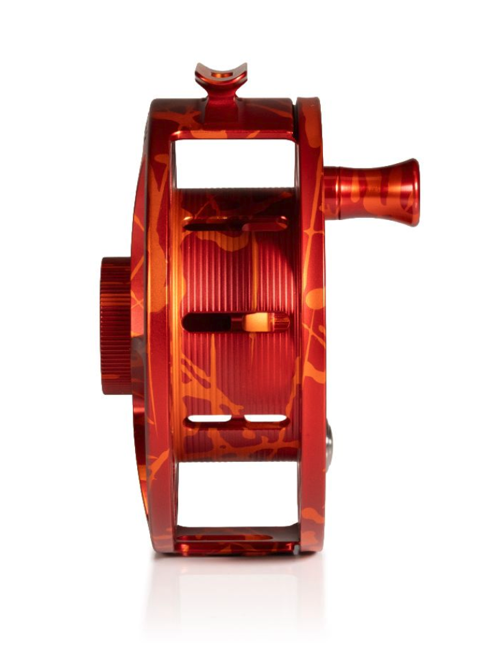 Arbor view of Hatch Iconic Fly Reel 11 Plus Magma Red Orange Limited Edition Large Arbor