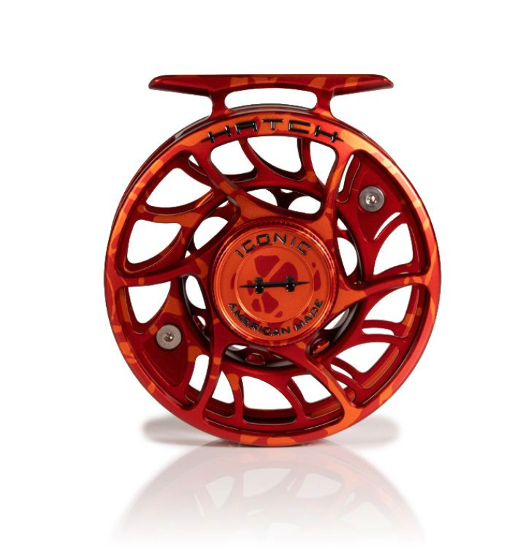 Front view of Hatch Iconic Fly Reel 4 Plus Magma Red Orange Limited Edition