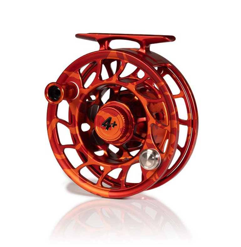 Angled view of Hatch Iconic Fly Reel 4 Plus Magma Red Orange Limited Edition