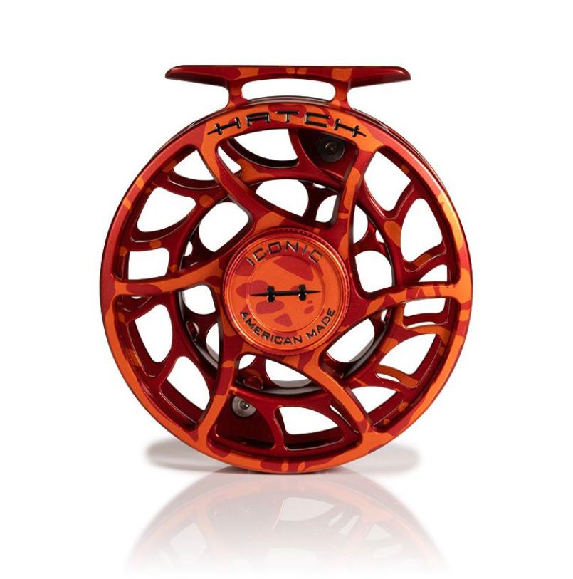 Front view of Large Arbor Hatch Iconic Fly Reel 5 Plus Magma Limited Edition