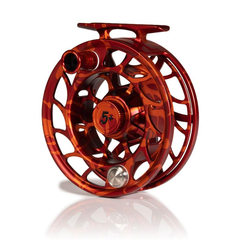 Angled view of Large Arbor Hatch Iconic Fly Reel 5 Plus Magma Limited Edition