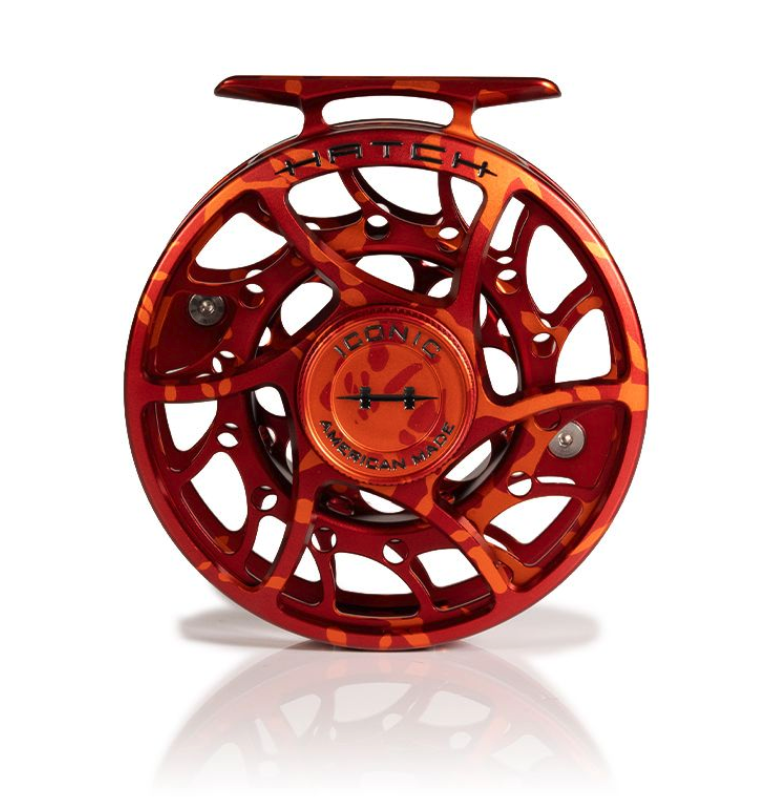 Front view of Mid Arbor Hatch Iconic Fly Reel 5 Plus Magma Limited Edition