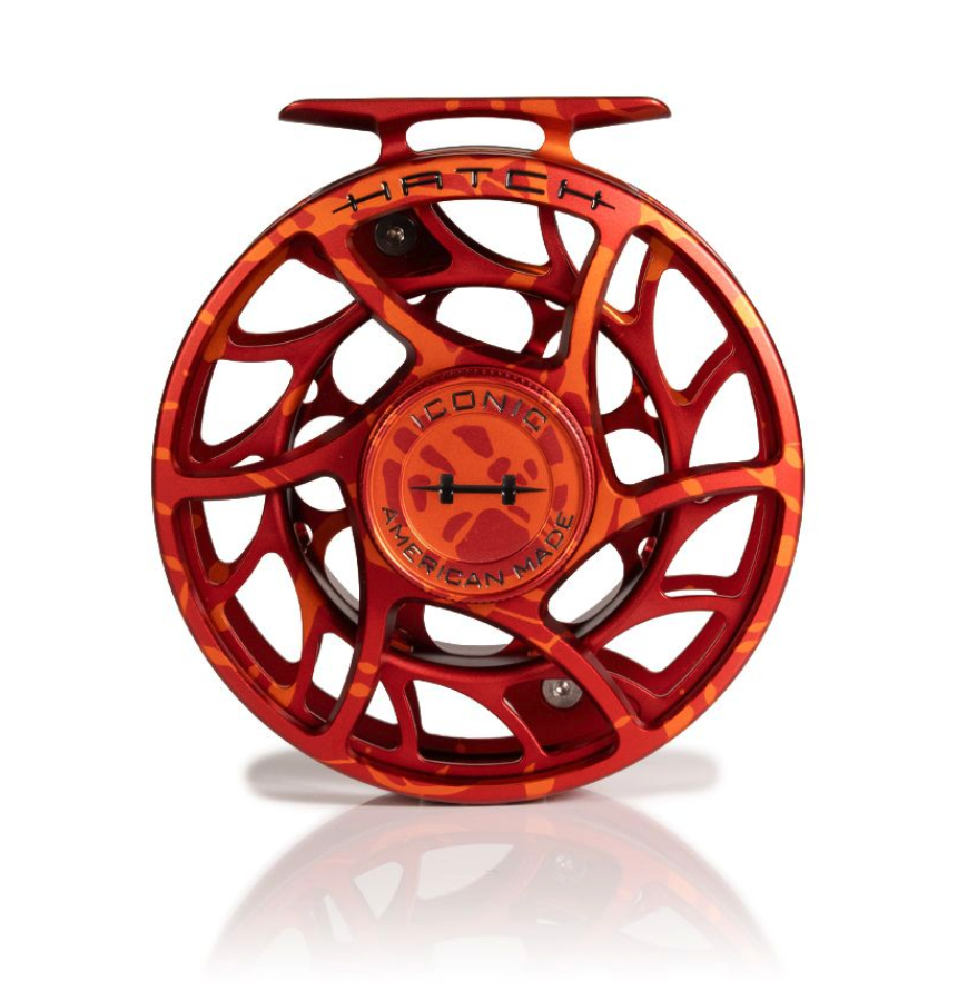 Front of Large Arbor Hatch Iconic Fly Reel 7 Plus Magma Red Orange Limited Edition