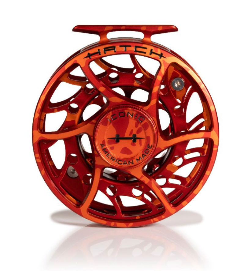 Front of Hatch Iconic Fly Reel 9 Plus Magma Red Orange Limited Edition Mid Arbor
