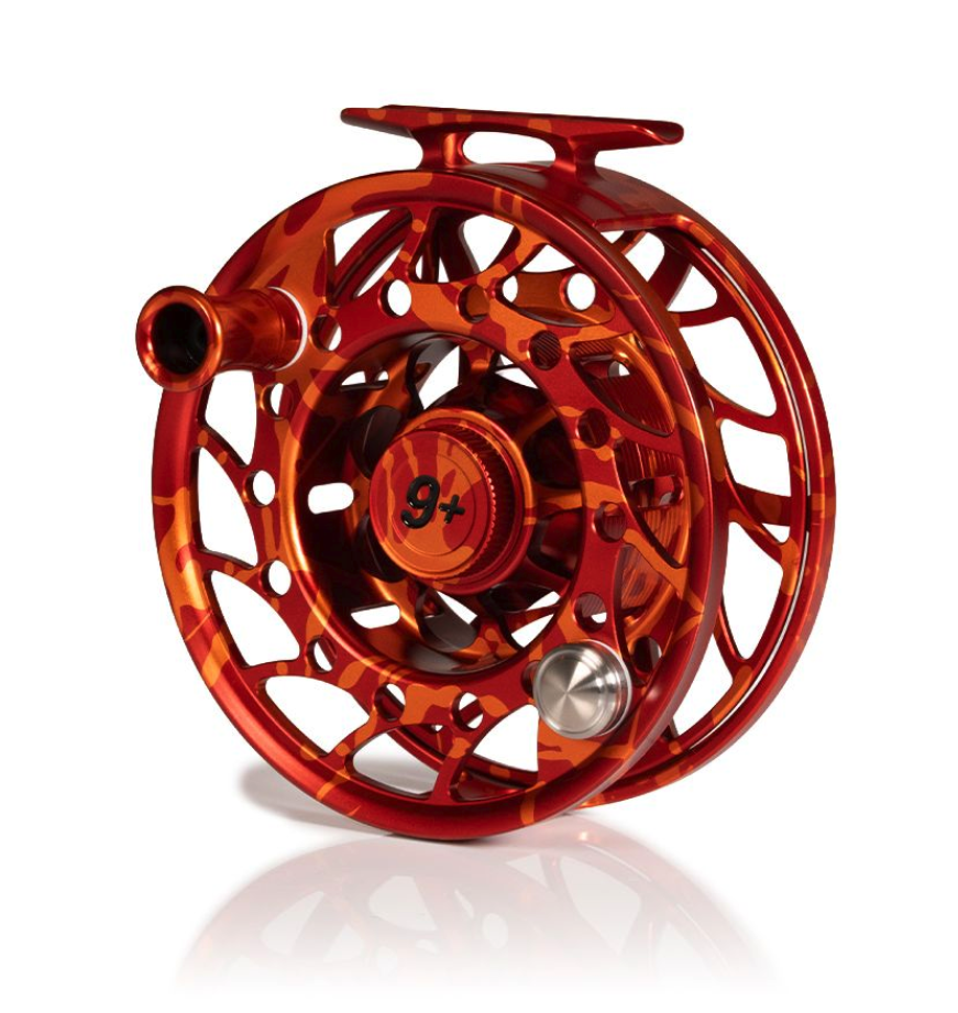 Angled view of Hatch Iconic Fly Reel 9 Plus Magma Red Orange Limited Edition Mid Arbor