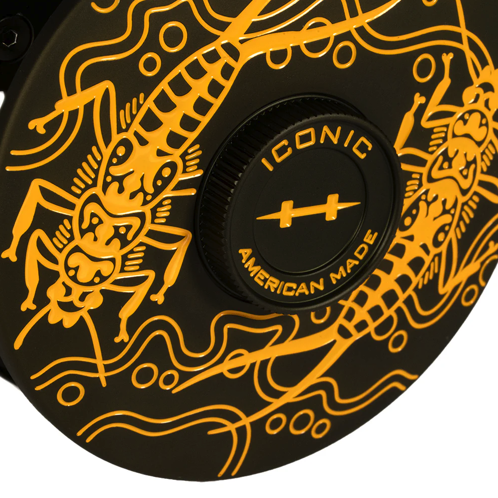 Bottom art detail of Hatch Iconic Fly Reel 5 Plus Artist Edition Matt Renner
