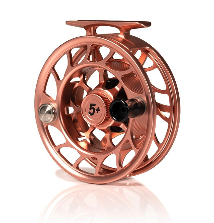 Angled view of Hatch Iconic Fly Reel 5 Plus Penny Dropper Large Arbor