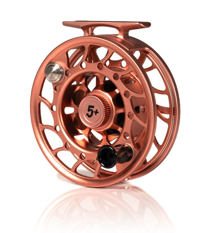 Angled view of Hatch Iconic Fly Reel 5 Plus Penny Dropper Mid Arbor