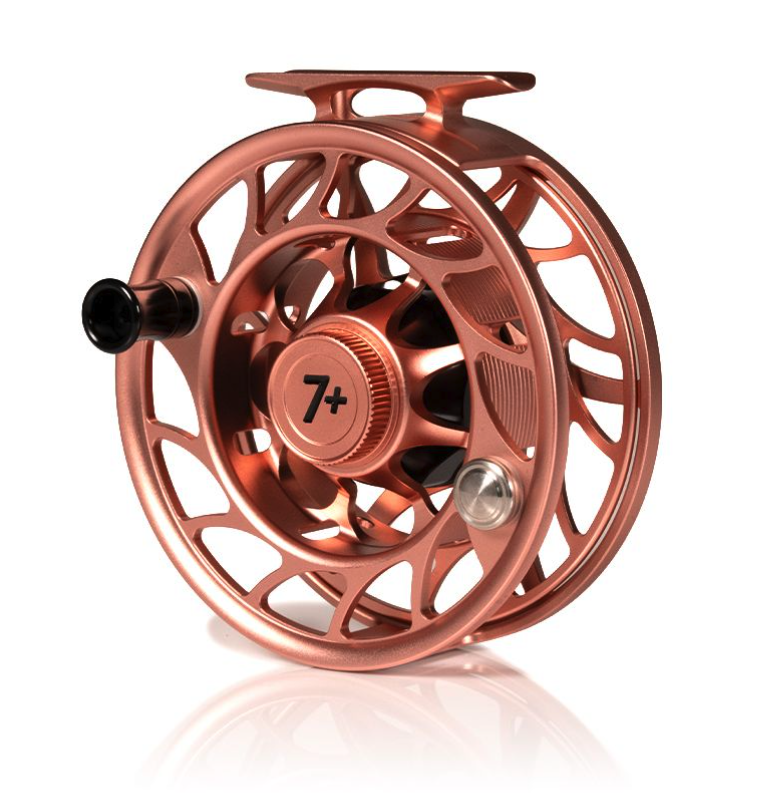Angled view of Hatch Iconic Fly Reel 7 Plus Penny Dropper Large Arbor