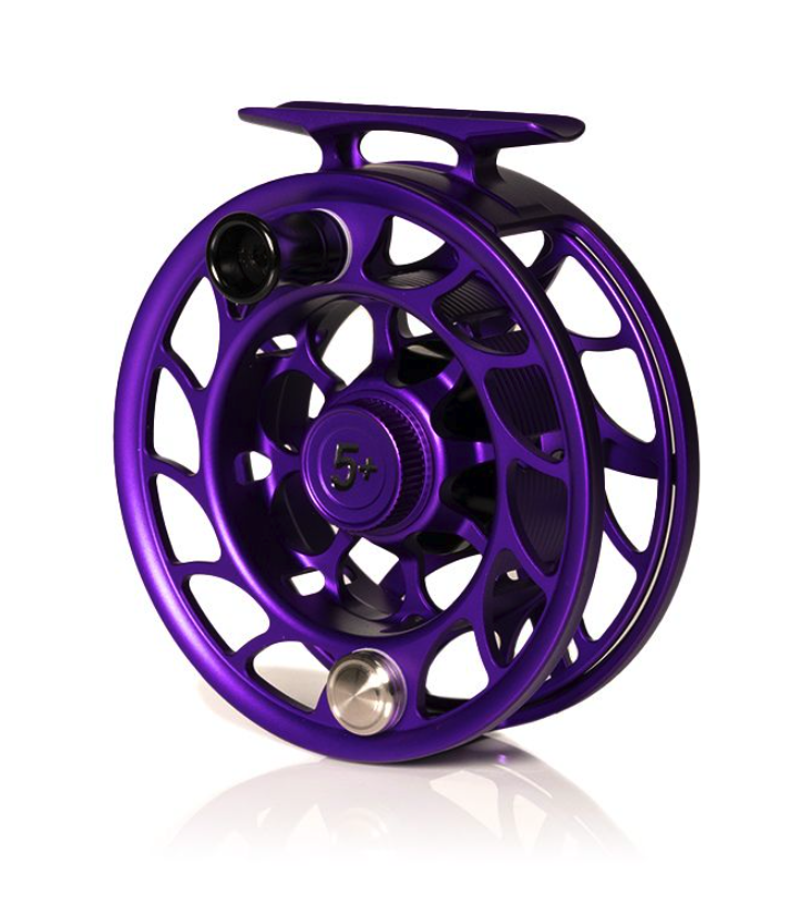 Angled view of Hatch Iconic Fly Reel 5 Plus Phantom Purple Limited Edition