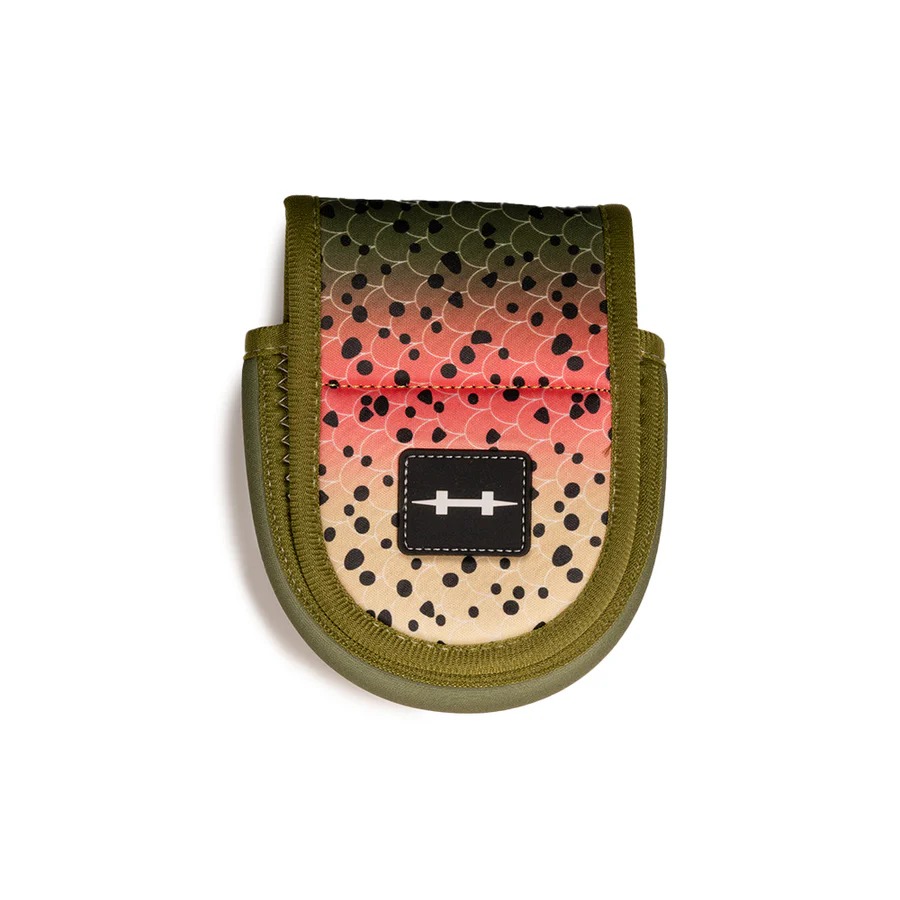 Protective fly reel case for Hatch reels with custom trout and camo designs