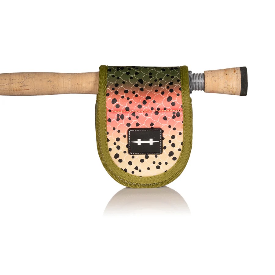 Hatch custom fly reel pouch with padded construction and trout pattern finish