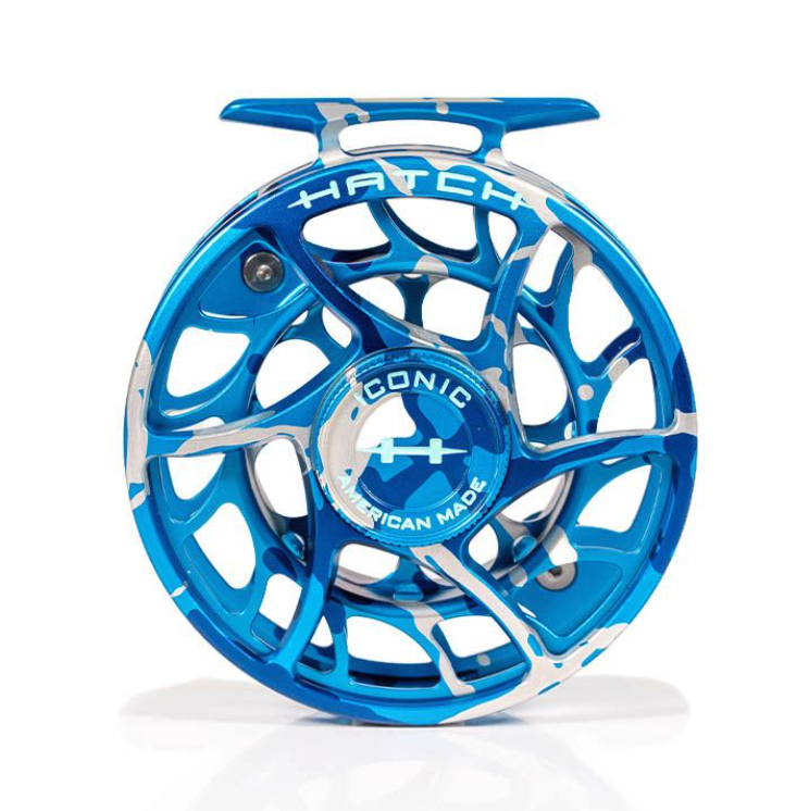Drag knob view of Hatch Iconic Fly Reel 5 Plus Limited Edition Splash Camo Large Arbor