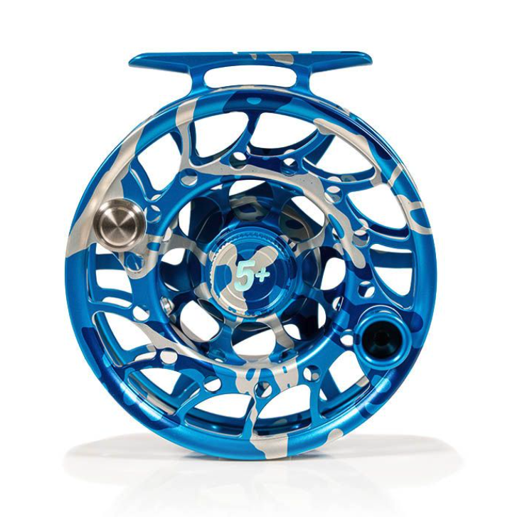 Spool side view of Hatch Iconic Fly Reel 5 Plus Limited Edition Splash Camo Mid Arbor