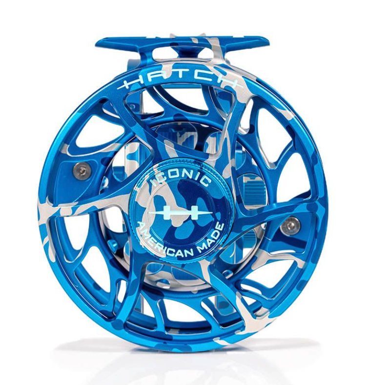 Drag knob view of Hatch Iconic Fly Reel 7 Plus Limited Edition Splash Camo Large Arbor