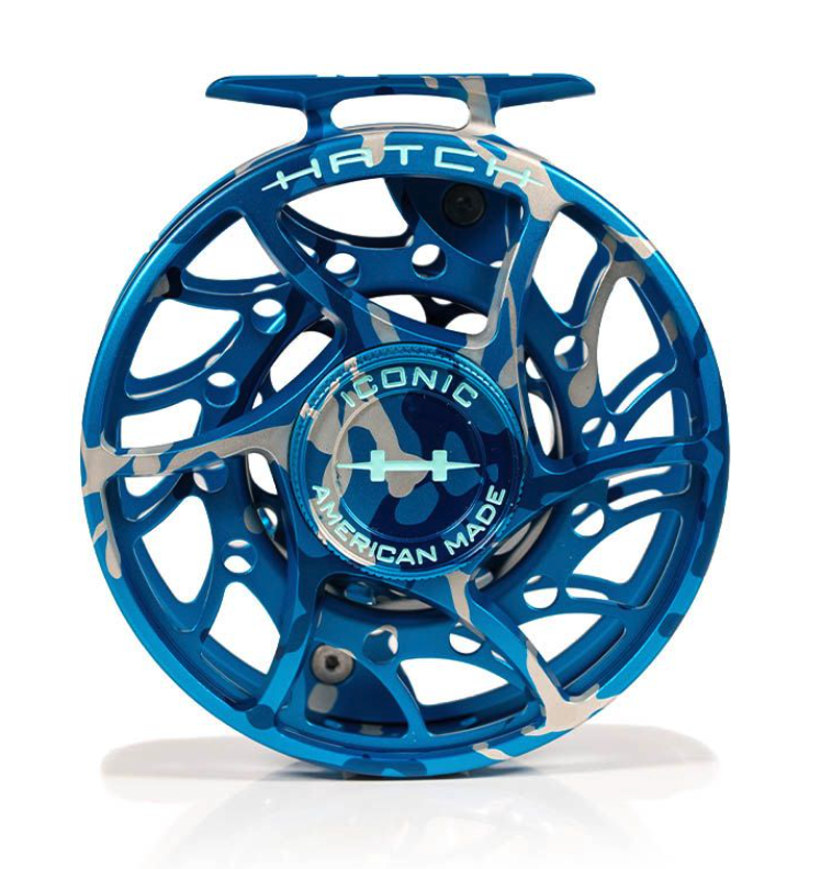 Drag knob view of Hatch Iconic Fly Reel 7 Plus Limited Edition Splash Camo Mid Arbor