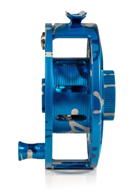 Side view of Hatch Iconic Fly Reel 7 Plus Limited Edition Splash Camo Mid Arbor