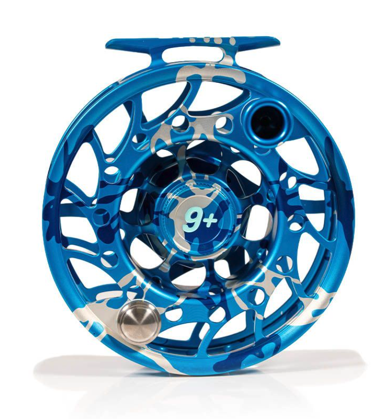 Spool side view of Hatch Iconic Fly Reel 9 Plus Limited Edition Splash Camo Mid Arbor