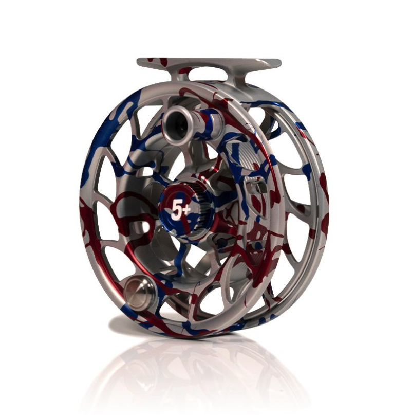Angled view of Hatch Iconic Fly Reel 5 Plus USA Limited Edition Large Arbor