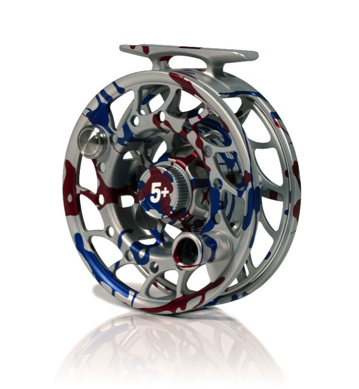 Angled view of Hatch Iconic Fly Reel 5 Plus USA Limited Edition Mid Arbor