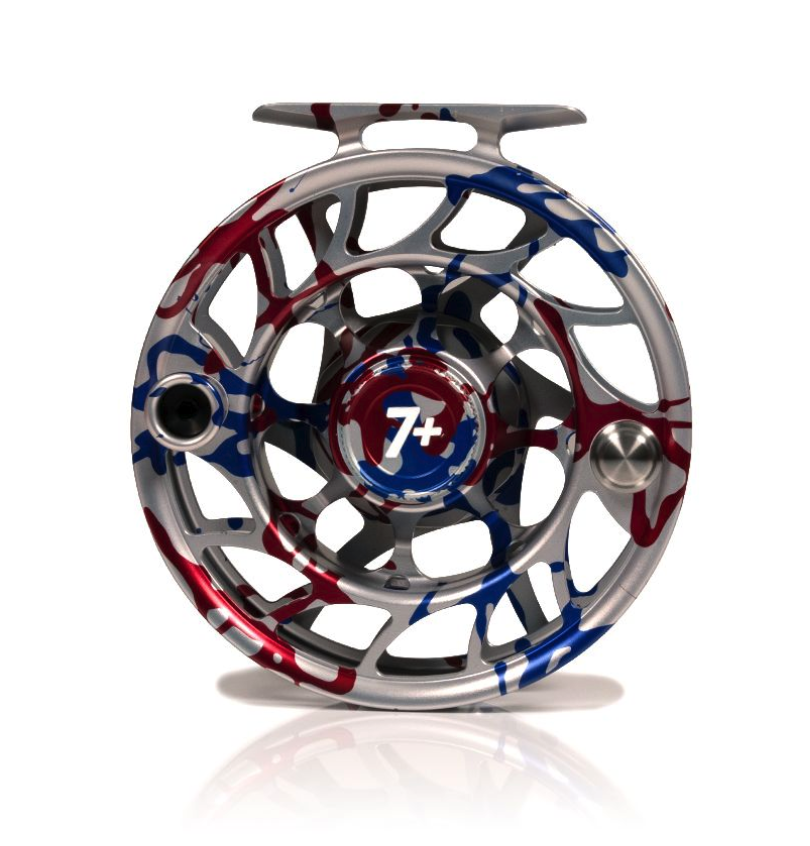 Front view of Hatch Iconic Fly Reel 7 Plus USA Limited Edition Large Arbor