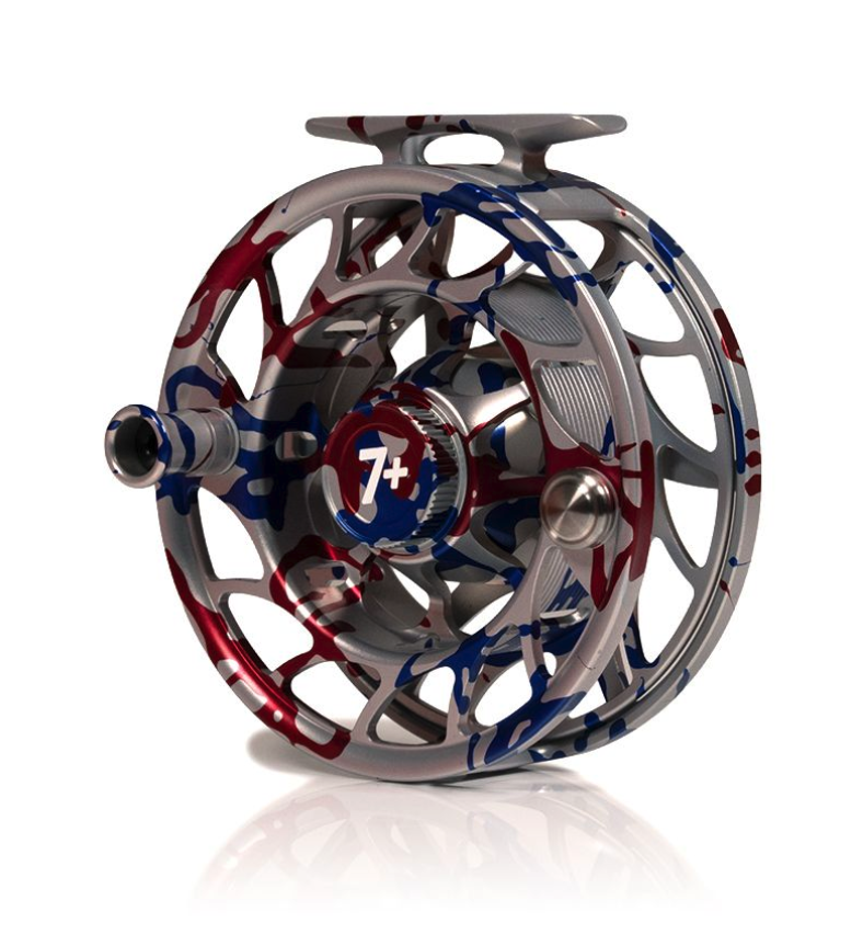 Angled view of Hatch Iconic Fly Reel 7 Plus USA Limited Edition Large Arbor