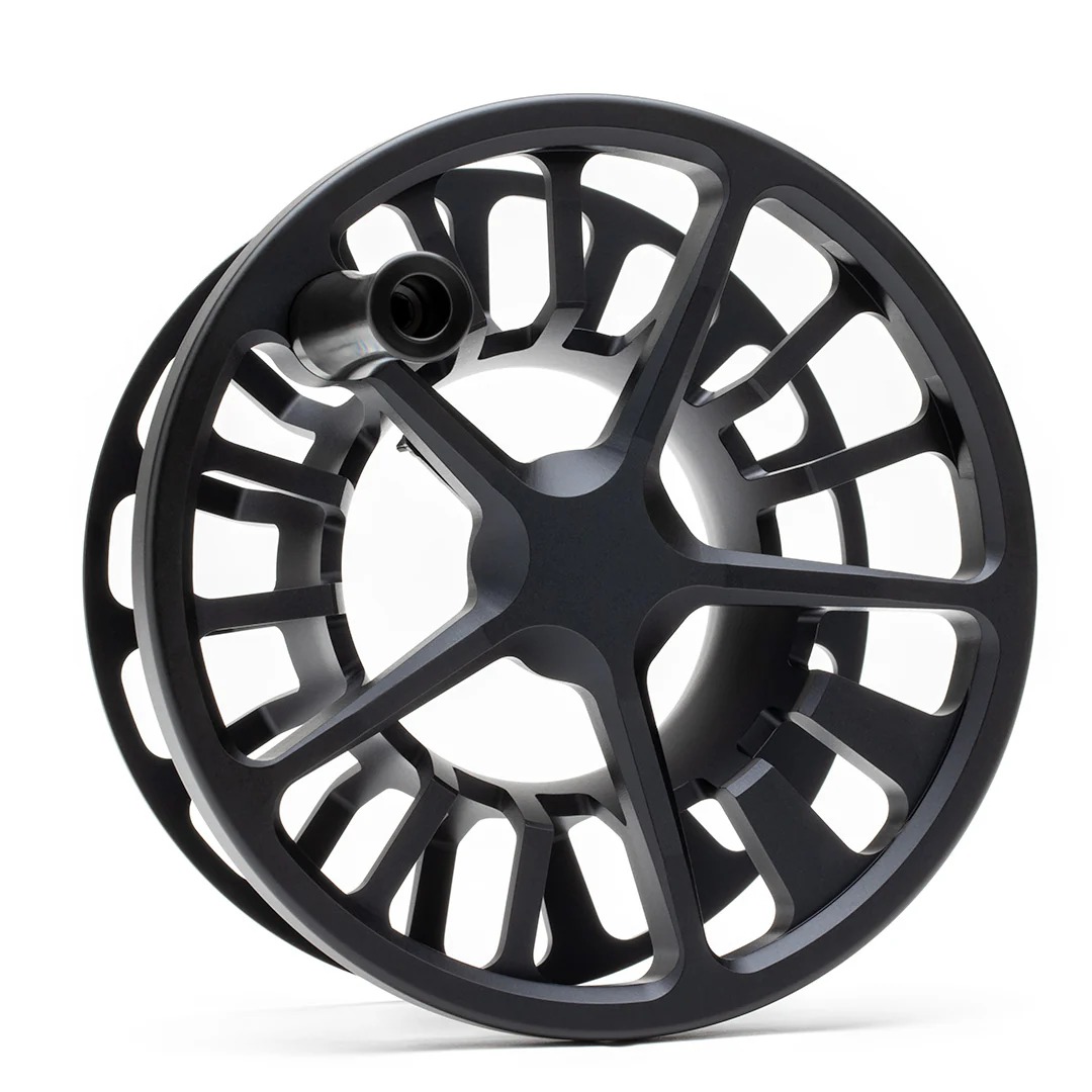 Lamson Arx II black spey reel with deep spool for backing, running line, and sink tips