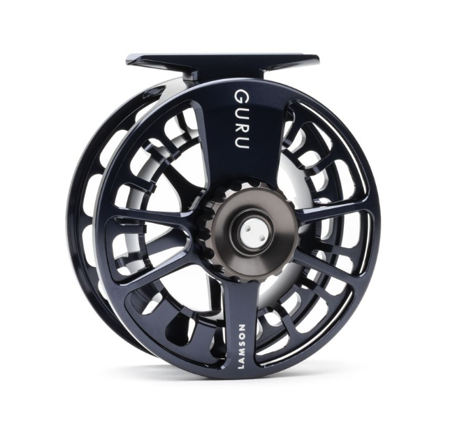 Front angle of Lamson Guru X Fly Reel Blue Steel