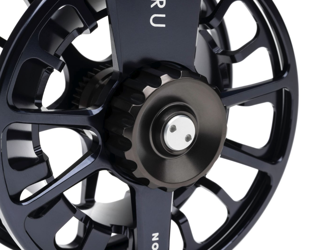 Drag knob detail of Lamson Guru X Fly Reel Blue Steel