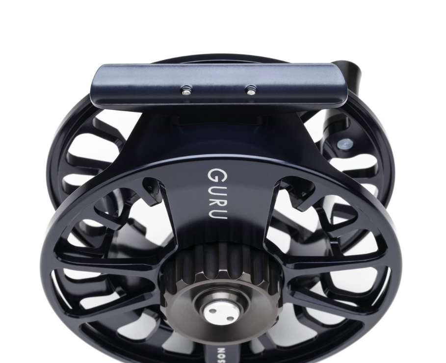 Reel foot detail of Lamson Guru X Fly Reel Blue Steel