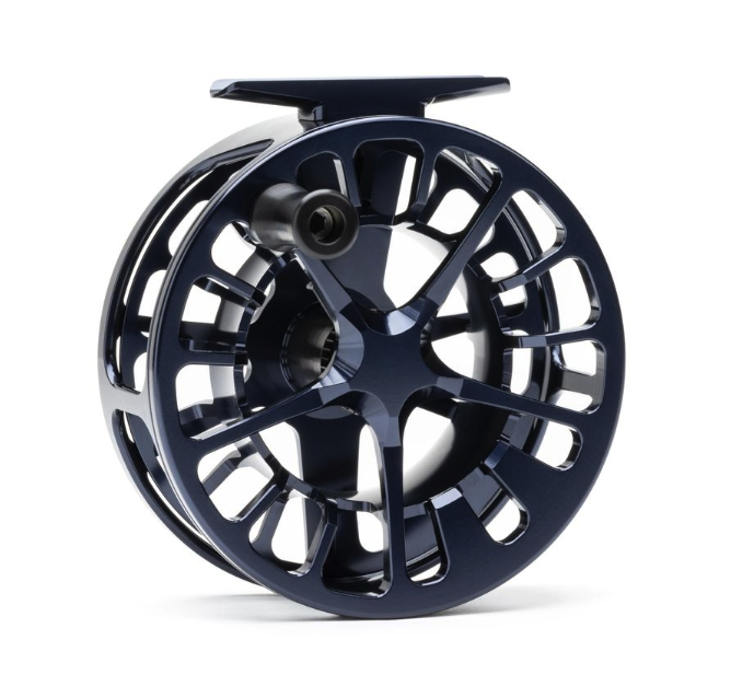Spool side view of Lamson Guru X HD Fly Reel Blue Steel