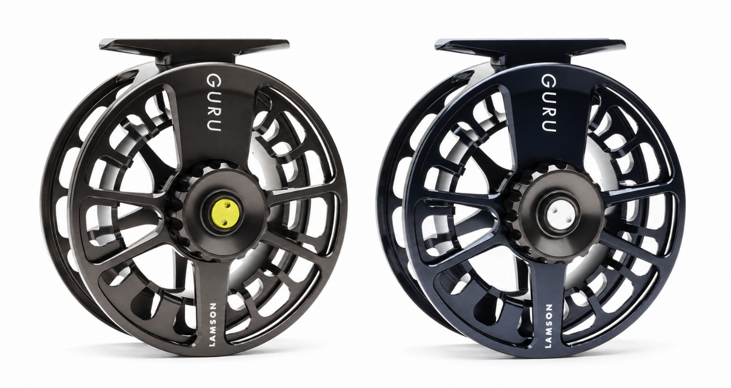 Both colors of Lamson Guru X Fly Reel next to each other