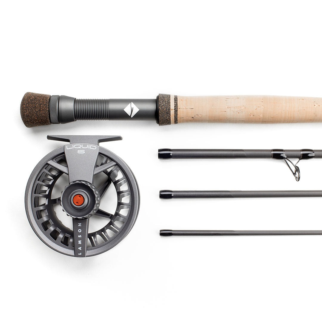 Lamson Liquid 7wt 8wt fly rod and reel outfit with Liquid S reel rod pieces and Cordura case for trout bass pike