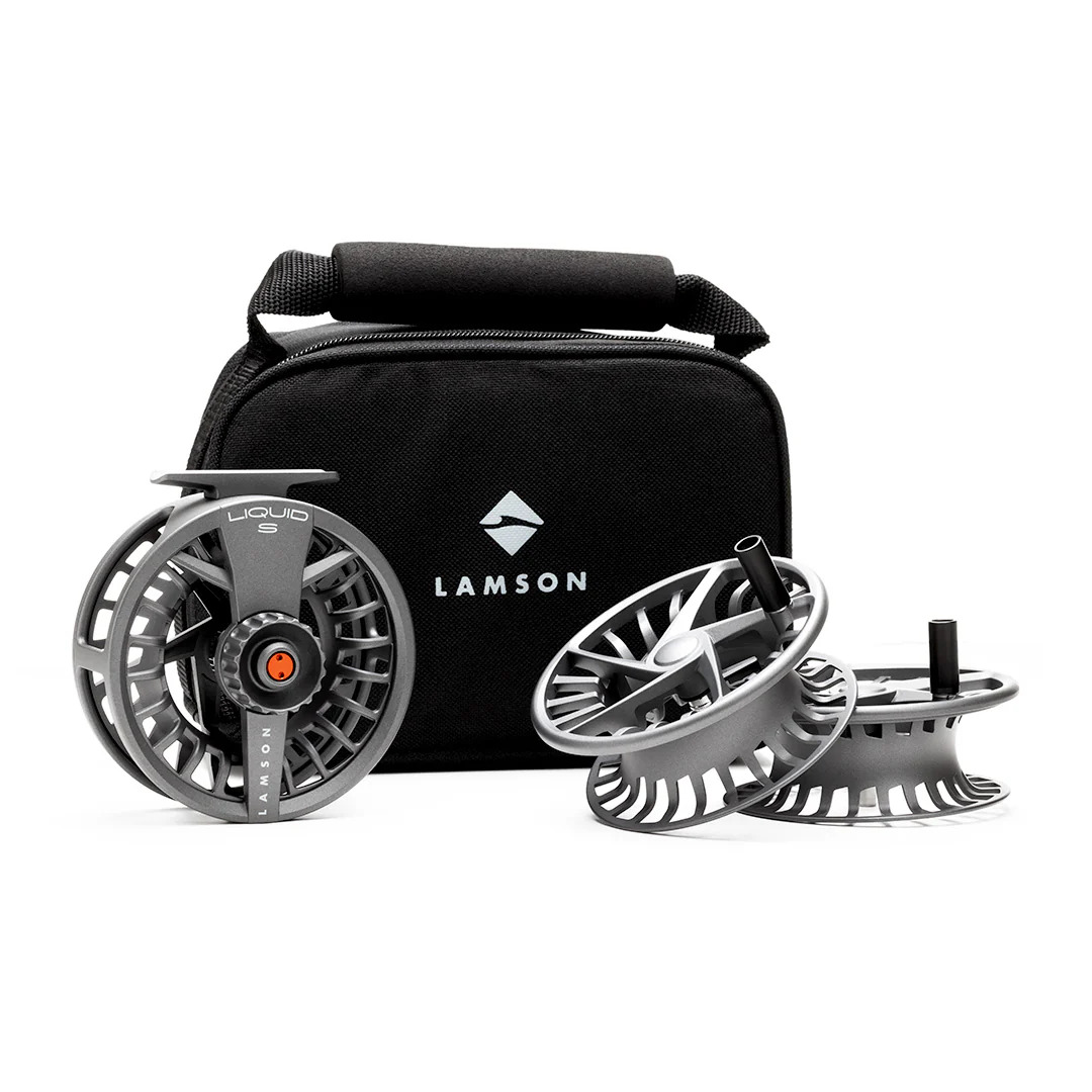 View of reel, spare spools and carrying case thats included with the Lamson Liquid S-Series HD Reel 3-Pack