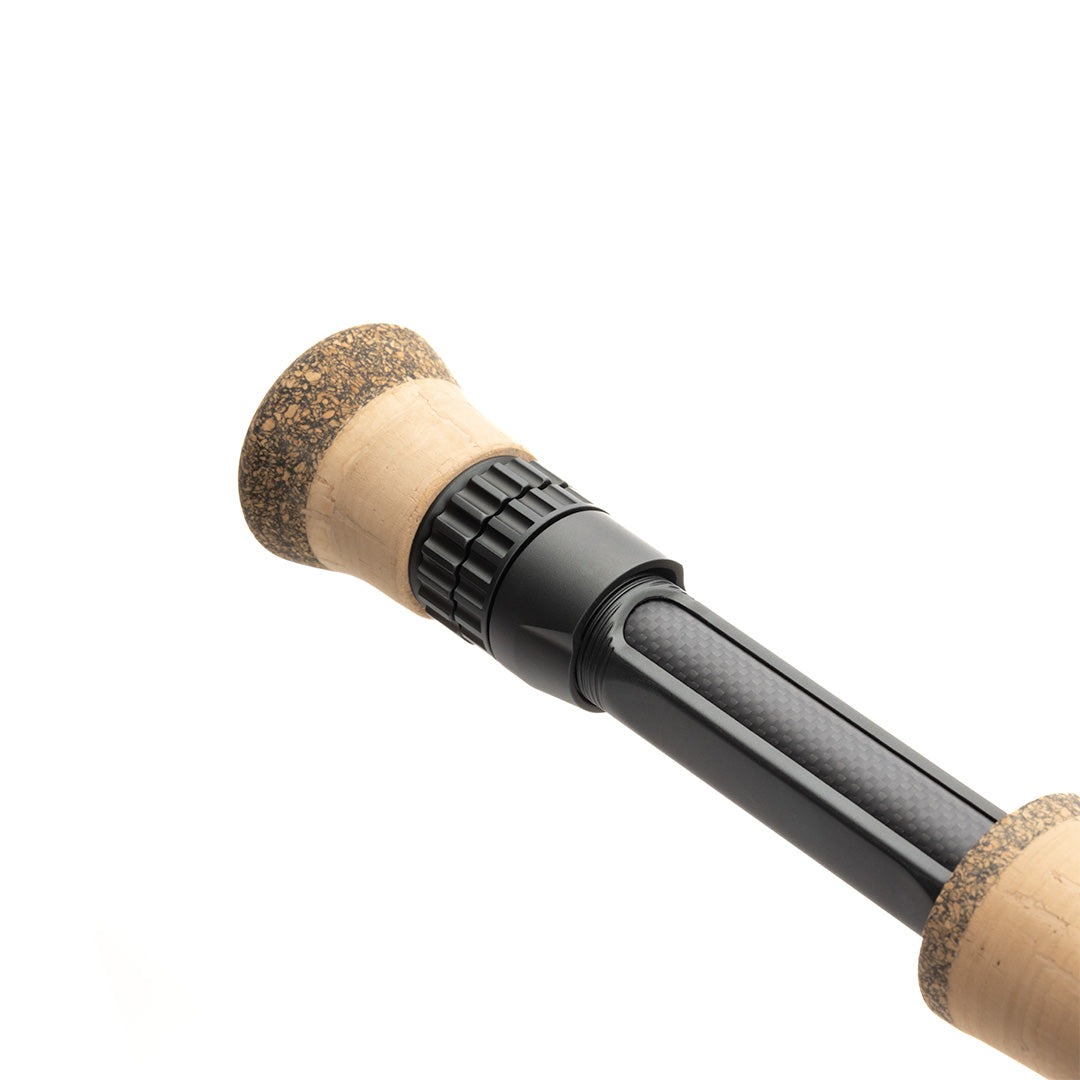 Lamson Speedster Lockdown reel seat machined aluminum rails fly rod handle detail with fighting butt