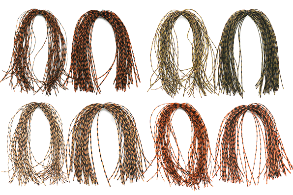 Assorted natural colors of MFC Barred Sexi-Floss rubber leg strands with black barring for stonefly nymphs and streamers.