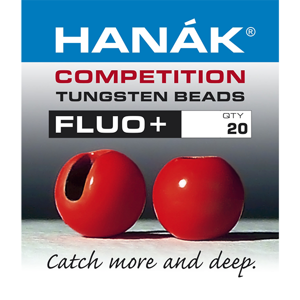 Hanak red Fluo+ slotted tungsten fly tying beads for bright perdigons and fast sinking Euro nymphs