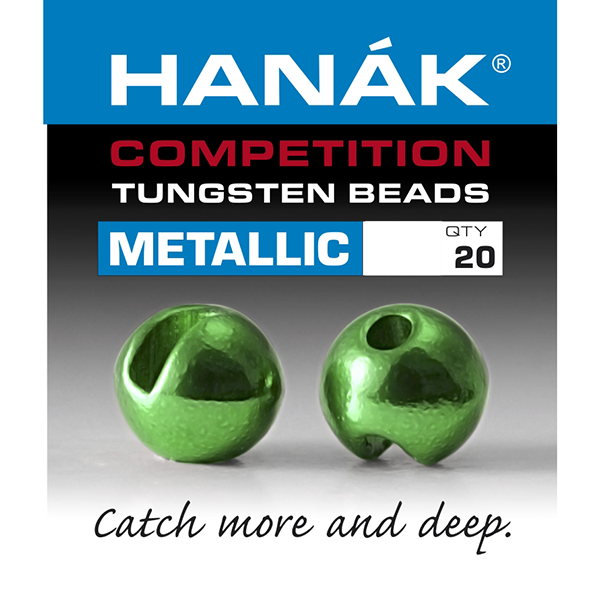 Hanak green Metallic+ tungsten fly tying beads for fast sinking Euro nymphs and competition jig hooks