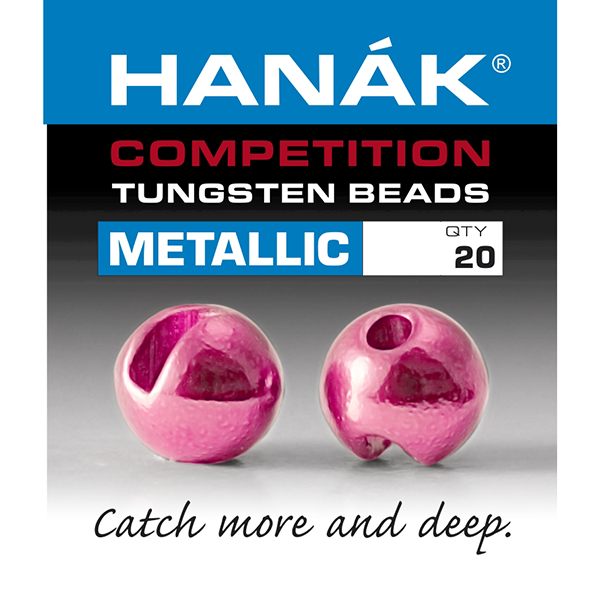 Hanak light pink Metallic+ slotted tungsten beads for trout nymphs, jig flies, and Euro nymphing setups